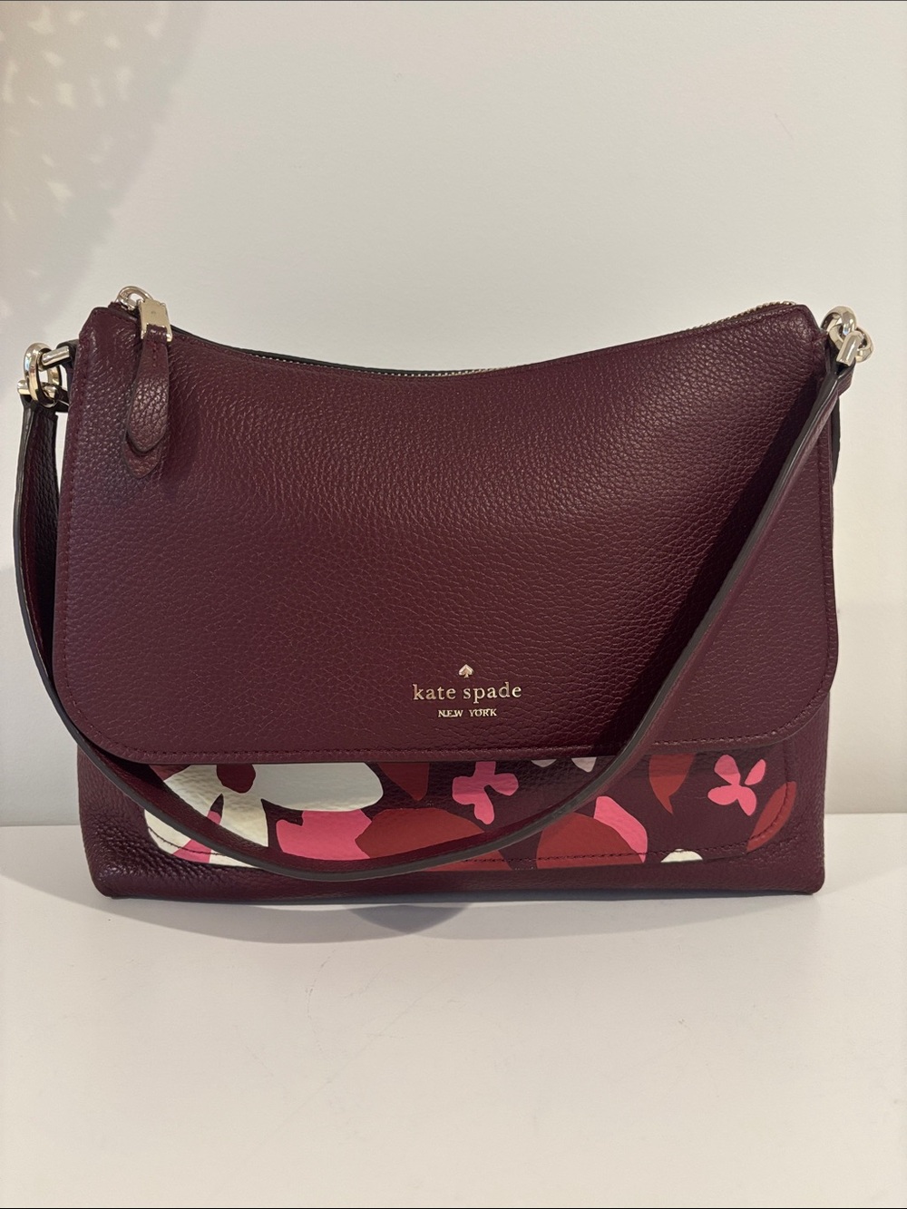 Kate Spade New York Melody Forest Floral leather Flap Shoulder Bag Purse Maroon